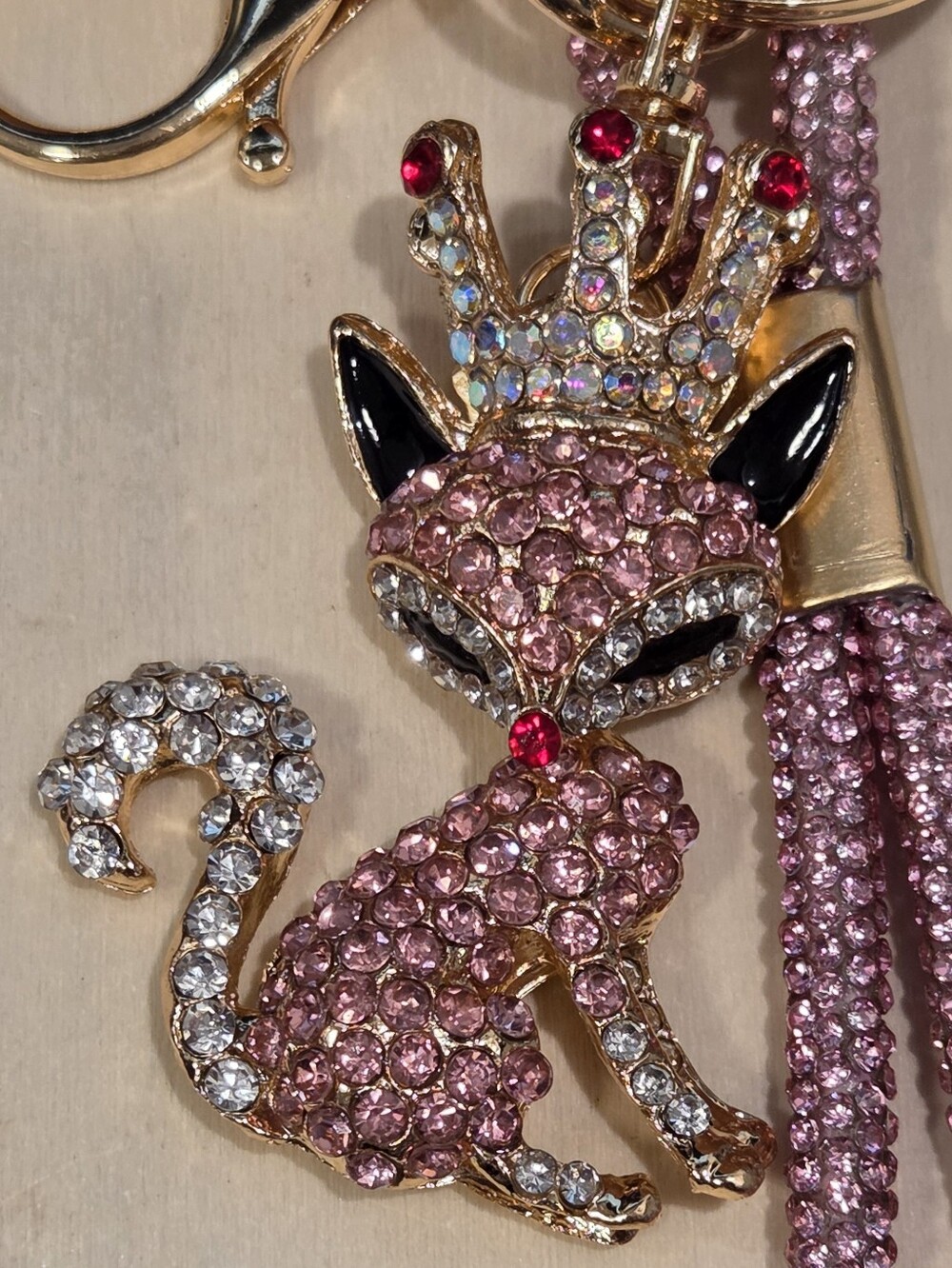 NWT Royal Crown Fox Bag Charm Pink Rhinestone Shimmer Strap